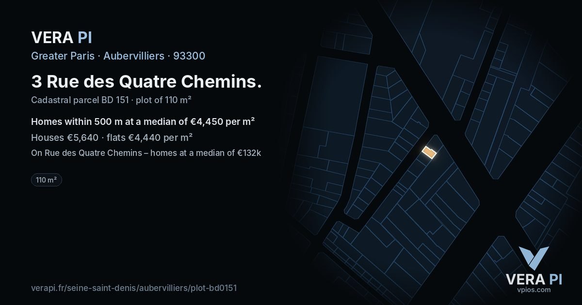 3 Rue des Quatre Chemins, Aubervilliers at night – the plot lit, the parcels around coloured by the prices near them