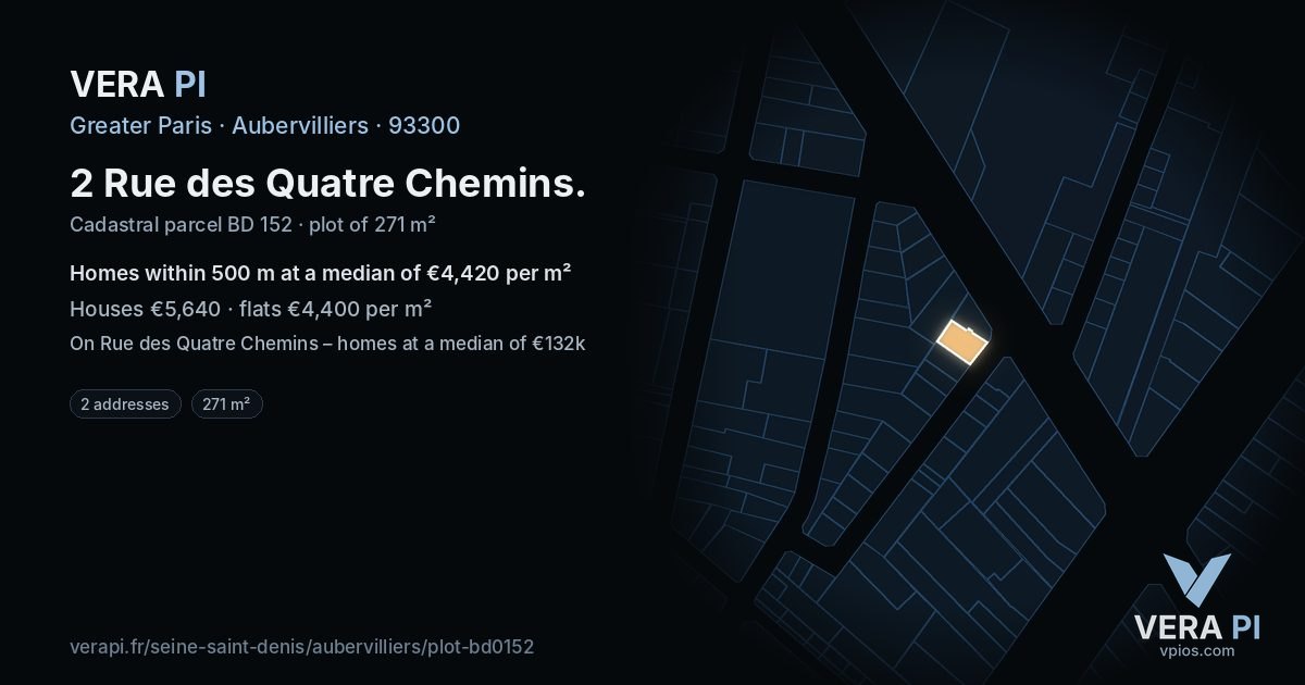 2 Rue des Quatre Chemins, Aubervilliers at night – the plot lit, the parcels around coloured by the prices near them