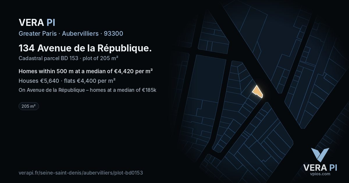 134 Avenue de la République, Aubervilliers at night – the plot lit, the parcels around coloured by the prices near them