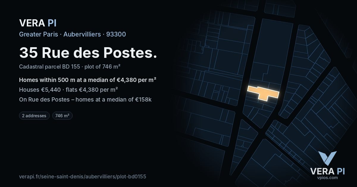 35 Rue des Postes, Aubervilliers at night – the plot lit, the parcels around coloured by the prices near them