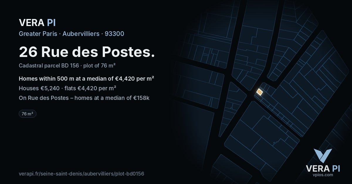 26 Rue des Postes, Aubervilliers at night – the plot lit, the parcels around coloured by the prices near them