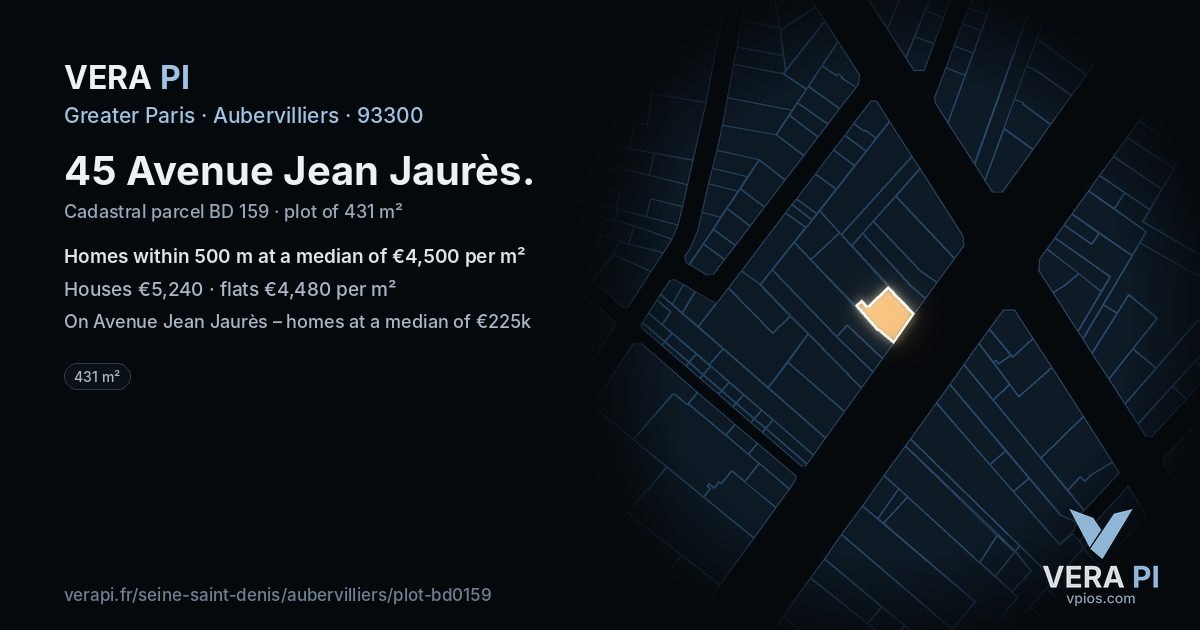 45 Avenue Jean Jaurès, Aubervilliers at night – the plot lit, the parcels around coloured by the prices near them