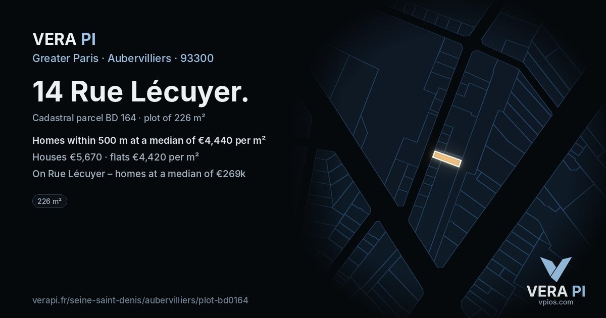 14 Rue Lécuyer, Aubervilliers at night – the plot lit, the parcels around coloured by the prices near them