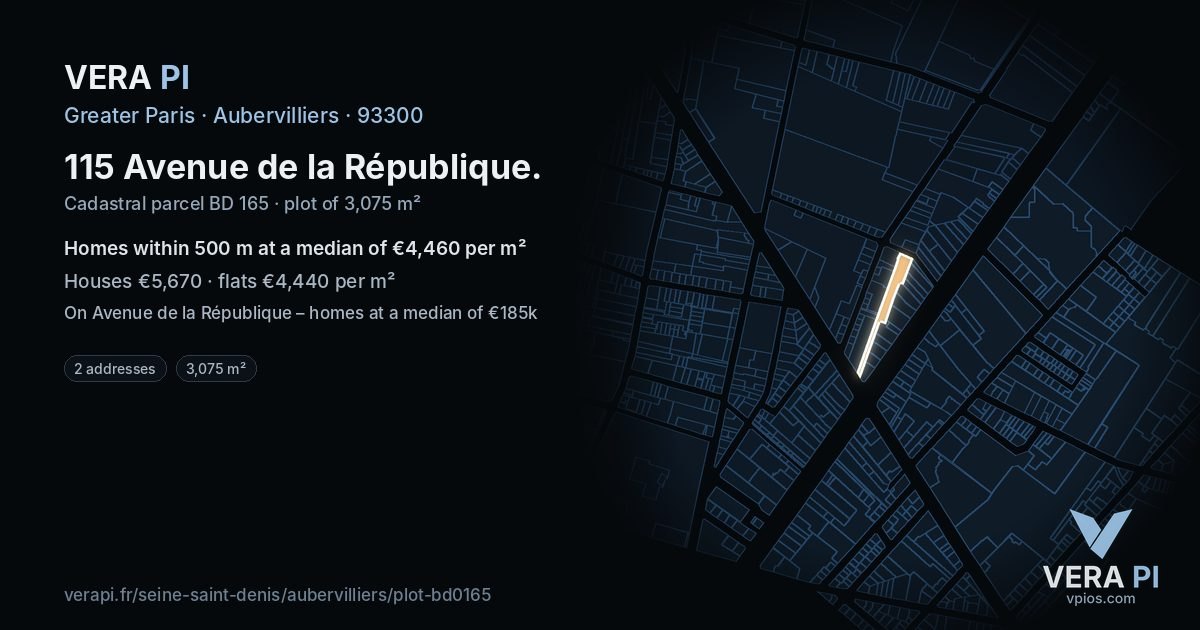115 Avenue de la République, Aubervilliers at night – the plot lit, the parcels around coloured by the prices near them