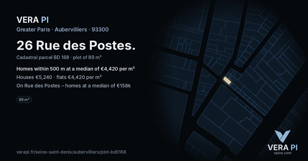 26 Rue des Postes, Aubervilliers at night – the plot lit, the parcels around coloured by the prices near them