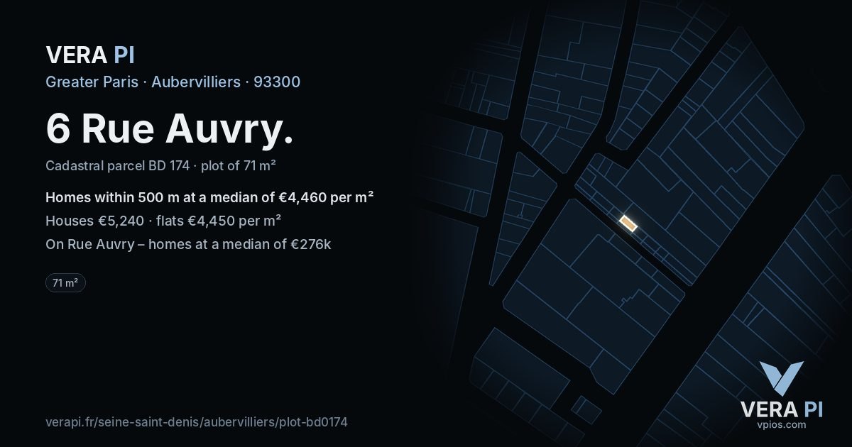 6 Rue Auvry, Aubervilliers at night – the plot lit, the parcels around coloured by the prices near them