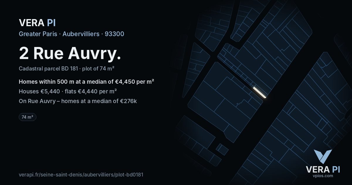 2 Rue Auvry, Aubervilliers at night – the plot lit, the parcels around coloured by the prices near them