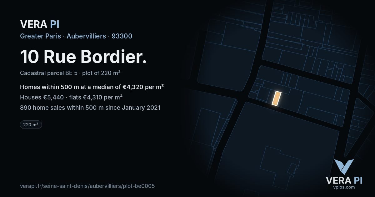 10 Rue Bordier, Aubervilliers at night – the plot lit, the parcels around coloured by the prices near them