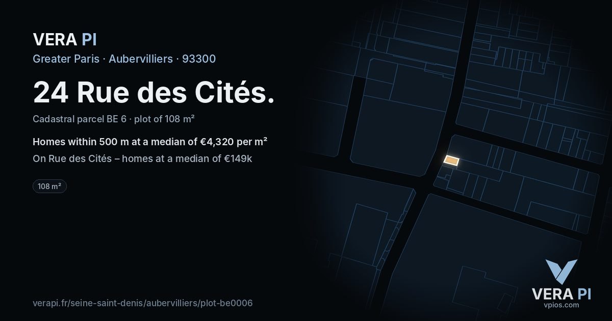 24 Rue des Cités, Aubervilliers at night – the plot lit, the parcels around coloured by the prices near them