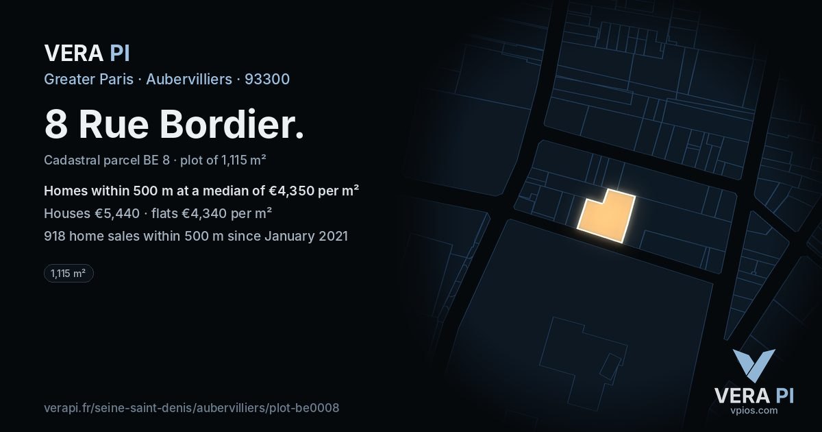 8 Rue Bordier, Aubervilliers at night – the plot lit, the parcels around coloured by the prices near them