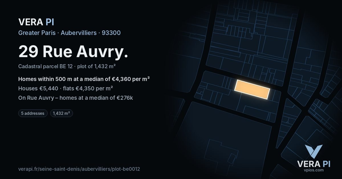 29 Rue Auvry, Aubervilliers at night – the plot lit, the parcels around coloured by the prices near them