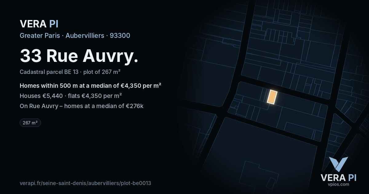 33 Rue Auvry, Aubervilliers at night – the plot lit, the parcels around coloured by the prices near them