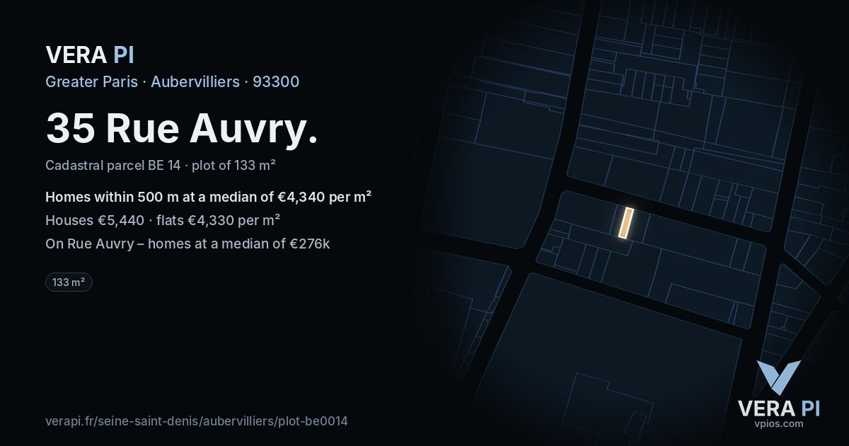 35 Rue Auvry, Aubervilliers at night – the plot lit, the parcels around coloured by the prices near them