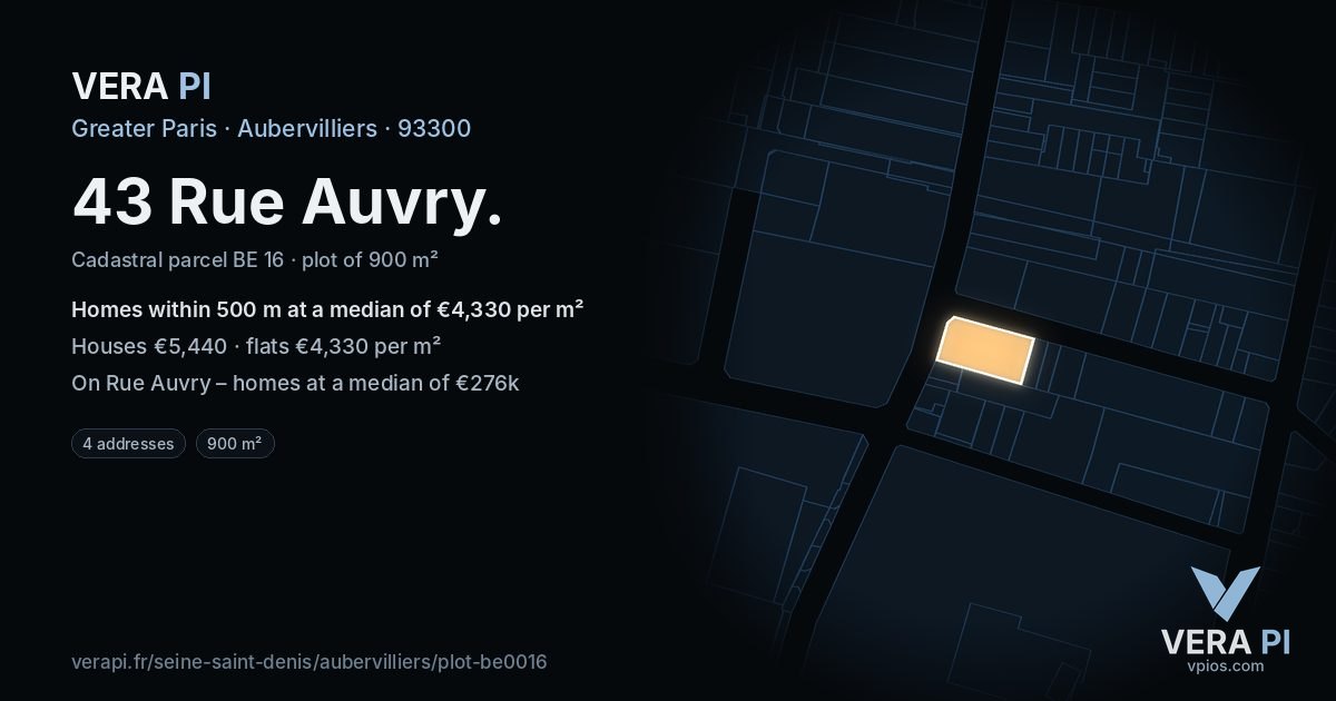 43 Rue Auvry, Aubervilliers at night – the plot lit, the parcels around coloured by the prices near them