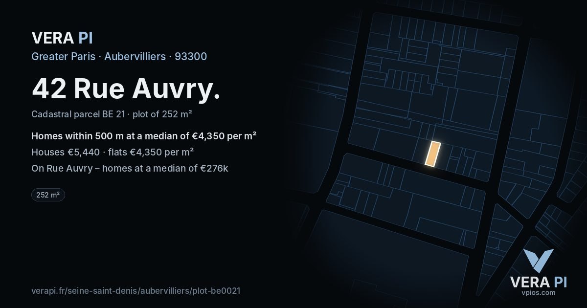 42 Rue Auvry, Aubervilliers at night – the plot lit, the parcels around coloured by the prices near them