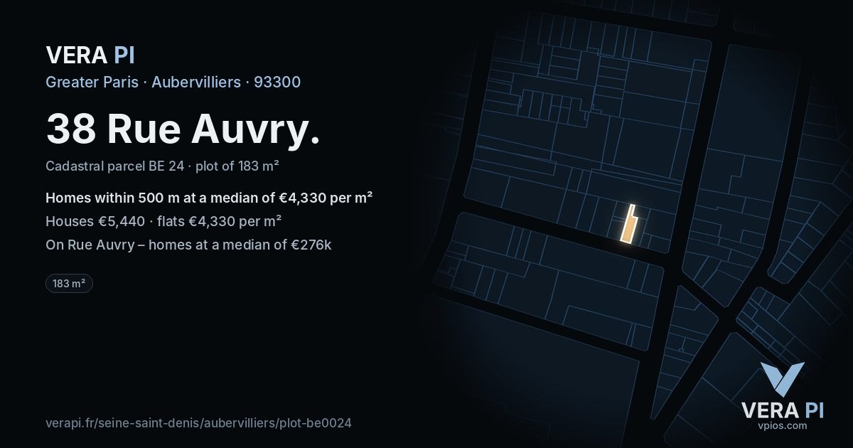 38 Rue Auvry, Aubervilliers at night – the plot lit, the parcels around coloured by the prices near them