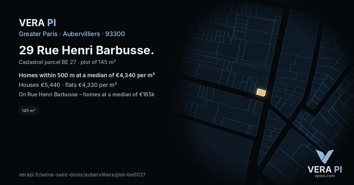 29 Rue Henri Barbusse, Aubervilliers at night – the plot lit, the parcels around coloured by the prices near them