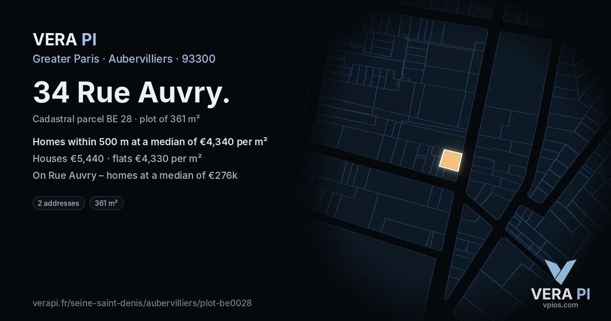 34 Rue Auvry, Aubervilliers at night – the plot lit, the parcels around coloured by the prices near them