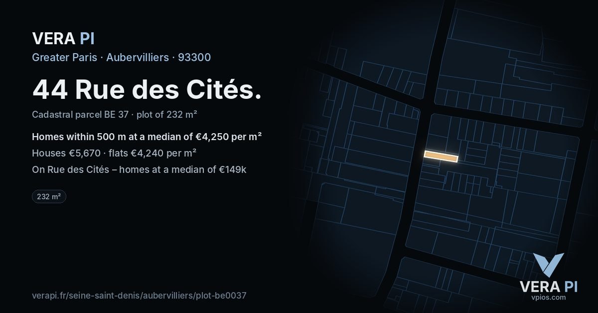 44 Rue des Cités, Aubervilliers at night – the plot lit, the parcels around coloured by the prices near them