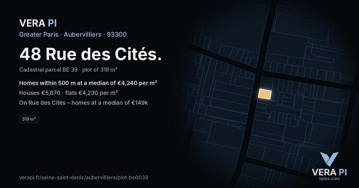 48 Rue des Cités, Aubervilliers at night – the plot lit, the parcels around coloured by the prices near them