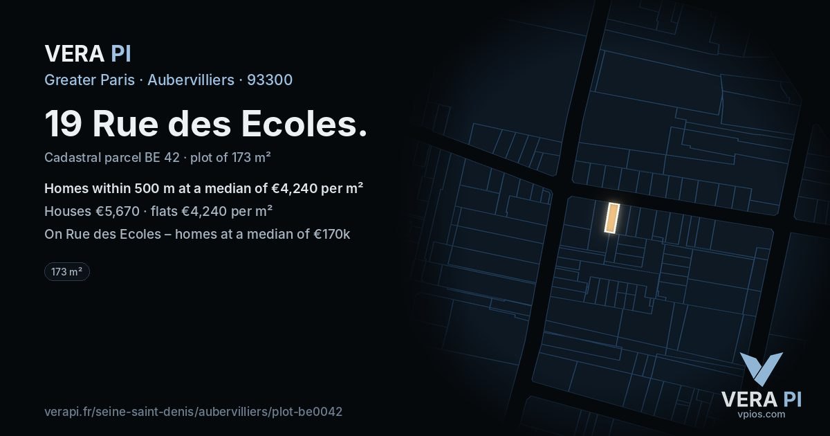 19 Rue des Ecoles, Aubervilliers at night – the plot lit, the parcels around coloured by the prices near them