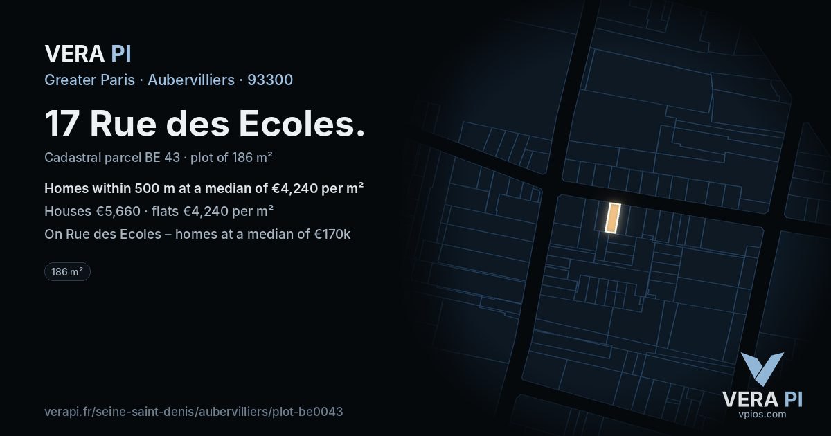 17 Rue des Ecoles, Aubervilliers at night – the plot lit, the parcels around coloured by the prices near them