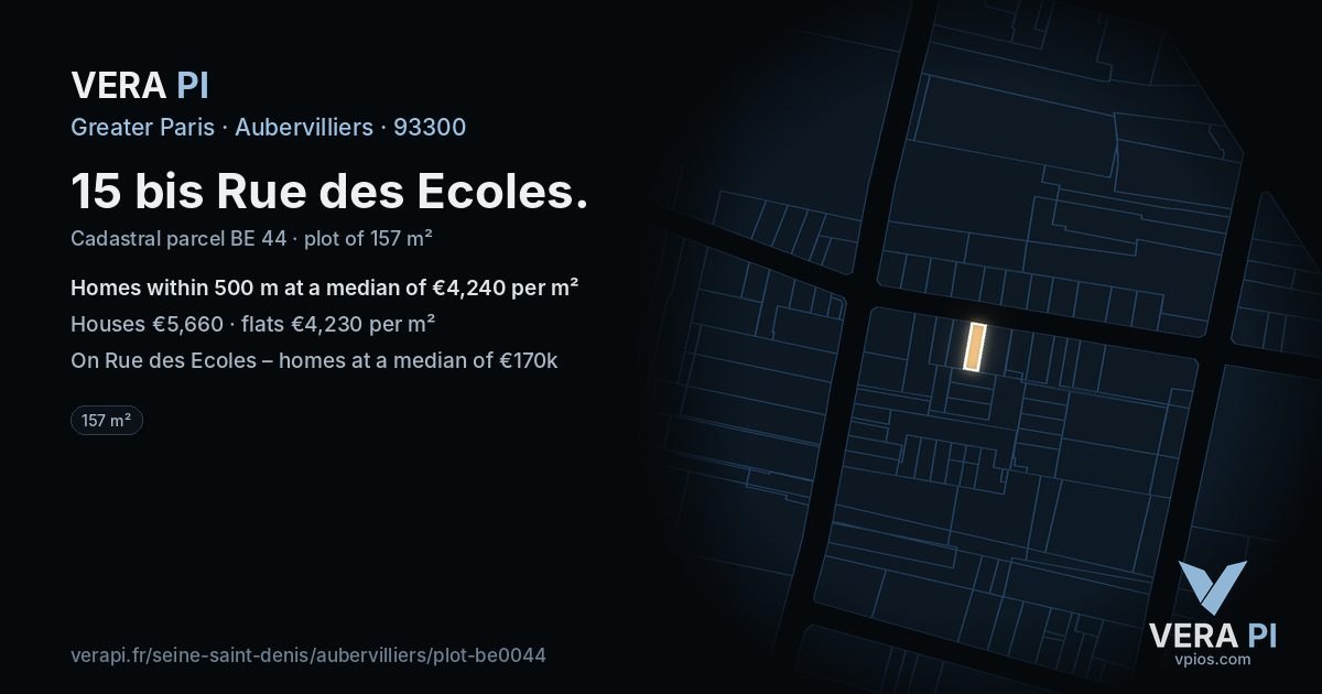 15 bis Rue des Ecoles, Aubervilliers at night – the plot lit, the parcels around coloured by the prices near them