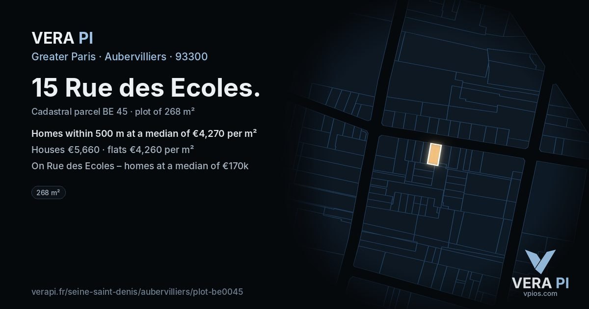 15 Rue des Ecoles, Aubervilliers at night – the plot lit, the parcels around coloured by the prices near them