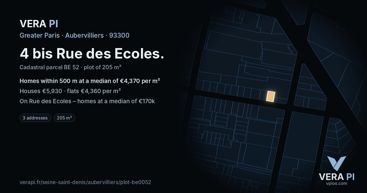 4 bis Rue des Ecoles, Aubervilliers at night – the plot lit, the parcels around coloured by the prices near them