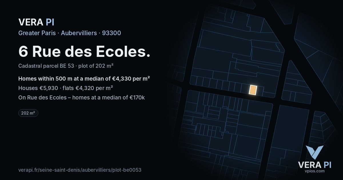 6 Rue des Ecoles, Aubervilliers at night – the plot lit, the parcels around coloured by the prices near them