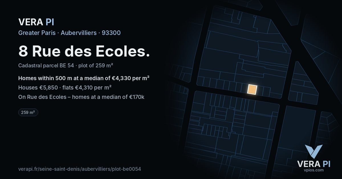 8 Rue des Ecoles, Aubervilliers at night – the plot lit, the parcels around coloured by the prices near them