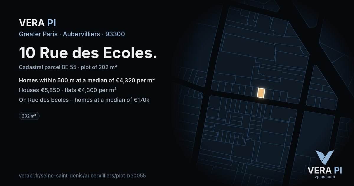 10 Rue des Ecoles, Aubervilliers at night – the plot lit, the parcels around coloured by the prices near them