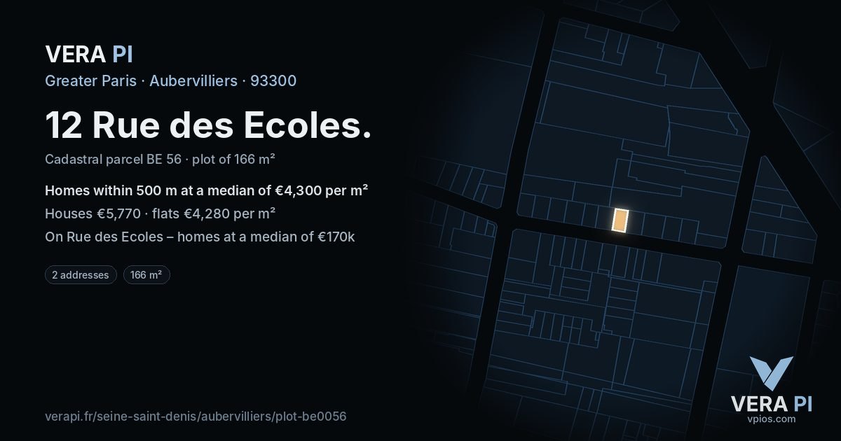 12 Rue des Ecoles, Aubervilliers at night – the plot lit, the parcels around coloured by the prices near them