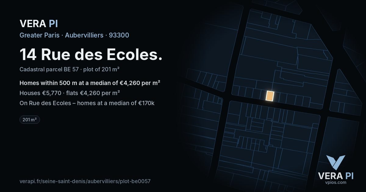 14 Rue des Ecoles, Aubervilliers at night – the plot lit, the parcels around coloured by the prices near them