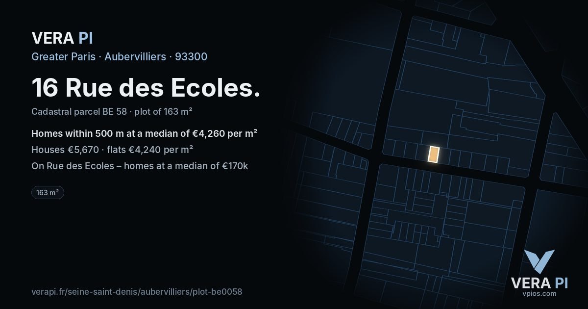 16 Rue des Ecoles, Aubervilliers at night – the plot lit, the parcels around coloured by the prices near them