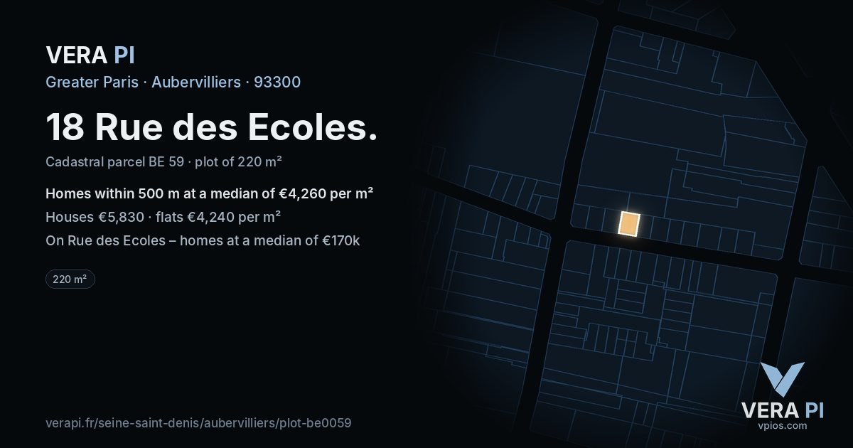 18 Rue des Ecoles, Aubervilliers at night – the plot lit, the parcels around coloured by the prices near them