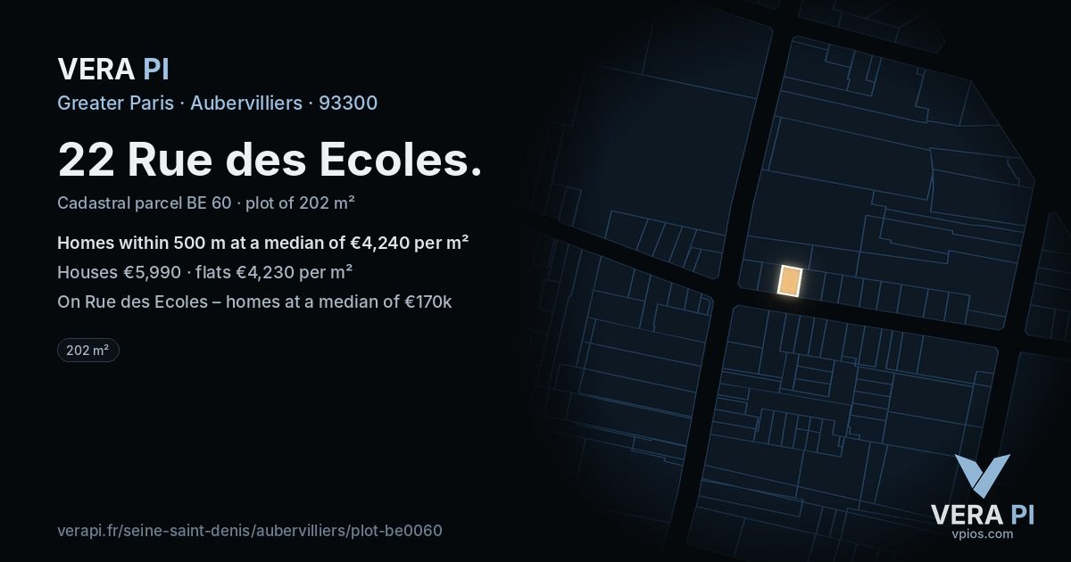 22 Rue des Ecoles, Aubervilliers at night – the plot lit, the parcels around coloured by the prices near them