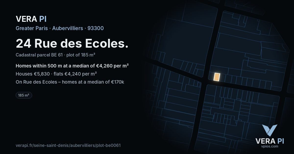 24 Rue des Ecoles, Aubervilliers at night – the plot lit, the parcels around coloured by the prices near them