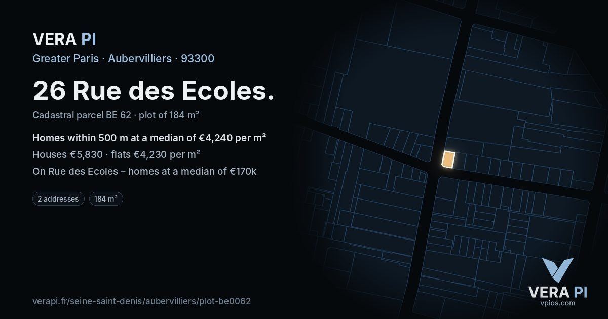 26 Rue des Ecoles, Aubervilliers at night – the plot lit, the parcels around coloured by the prices near them
