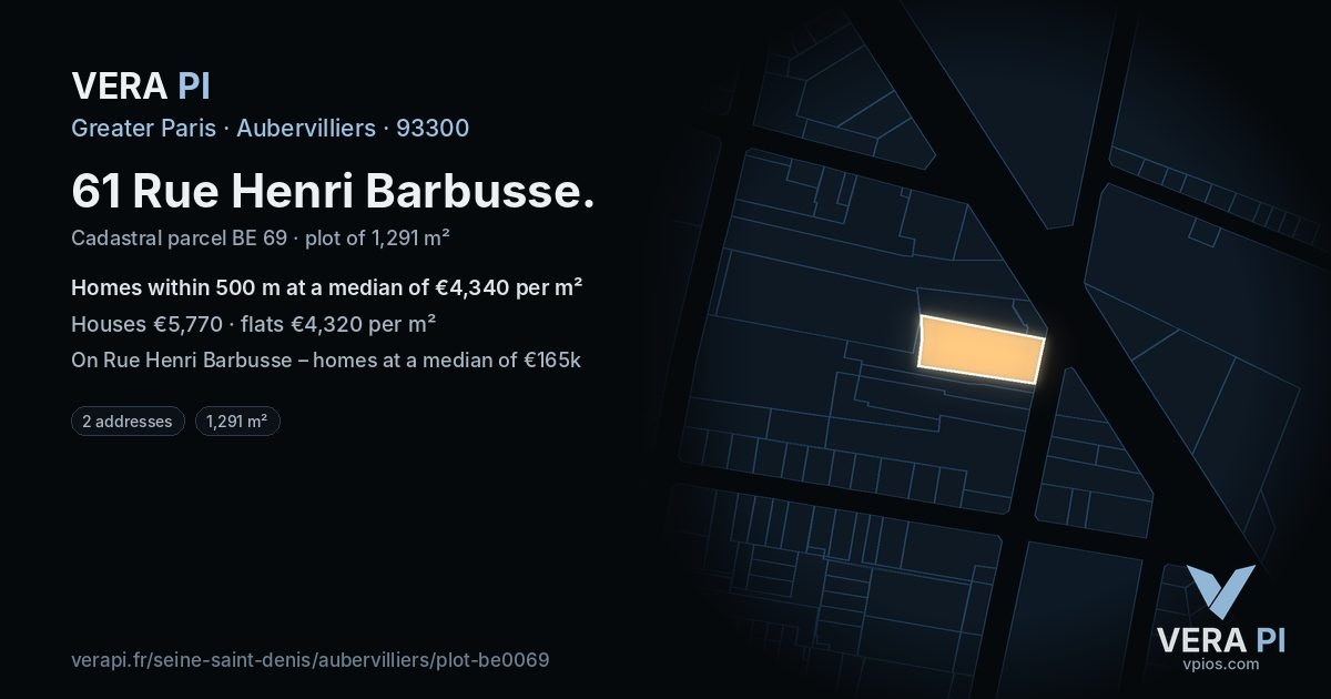 61 Rue Henri Barbusse, Aubervilliers at night – the plot lit, the parcels around coloured by the prices near them