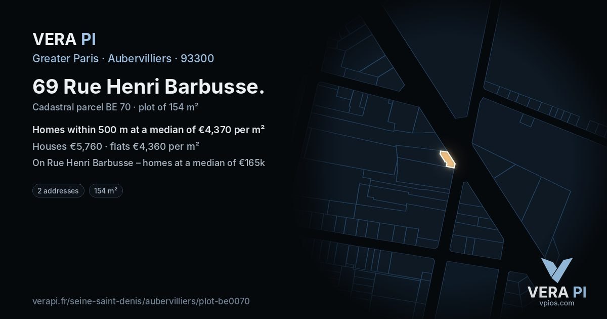 69 Rue Henri Barbusse, Aubervilliers at night – the plot lit, the parcels around coloured by the prices near them