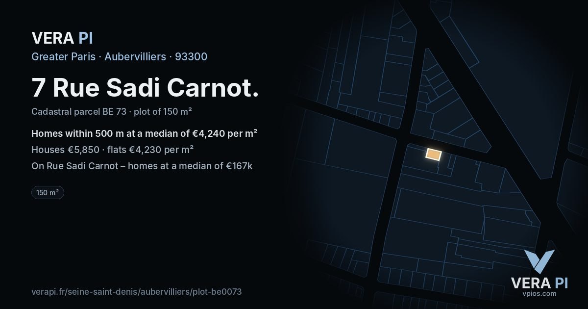 7 Rue Sadi Carnot, Aubervilliers at night – the plot lit, the parcels around coloured by the prices near them