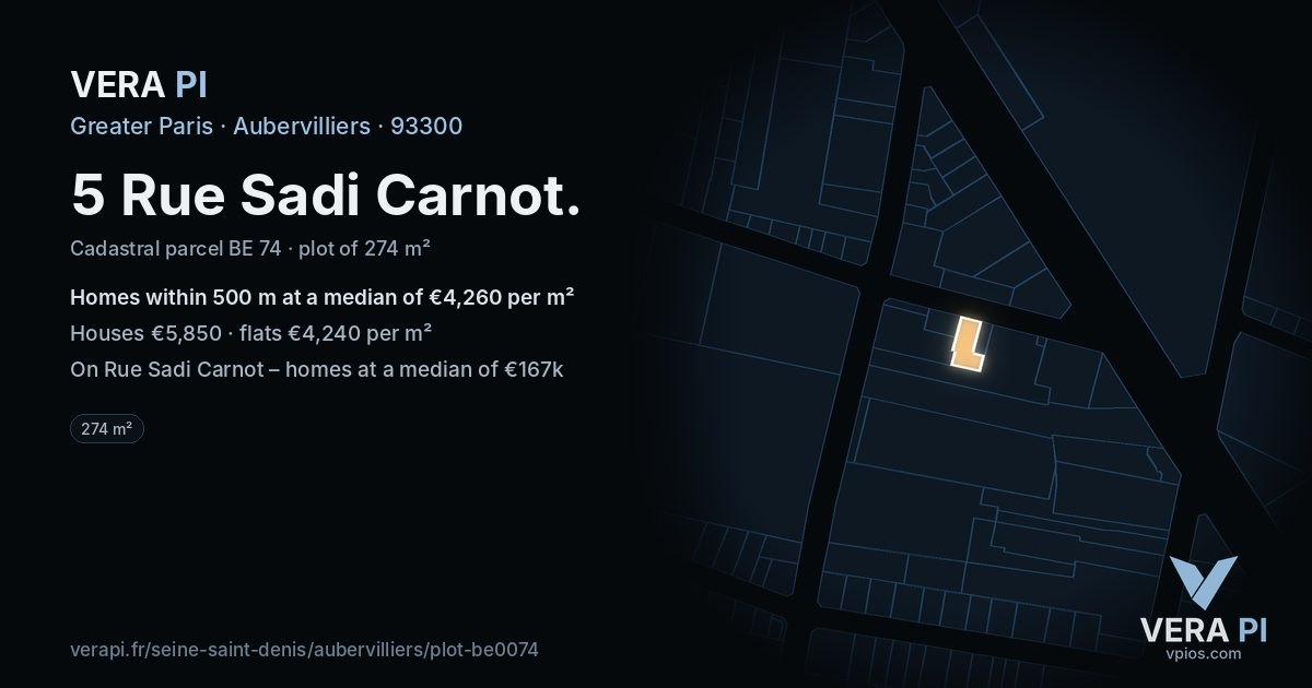5 Rue Sadi Carnot, Aubervilliers at night – the plot lit, the parcels around coloured by the prices near them