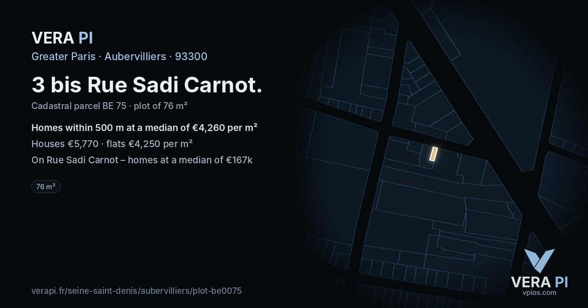 3 bis Rue Sadi Carnot, Aubervilliers at night – the plot lit, the parcels around coloured by the prices near them