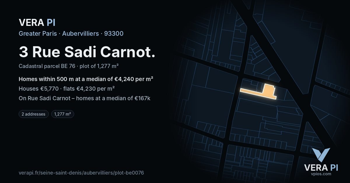 3 Rue Sadi Carnot, Aubervilliers at night – the plot lit, the parcels around coloured by the prices near them