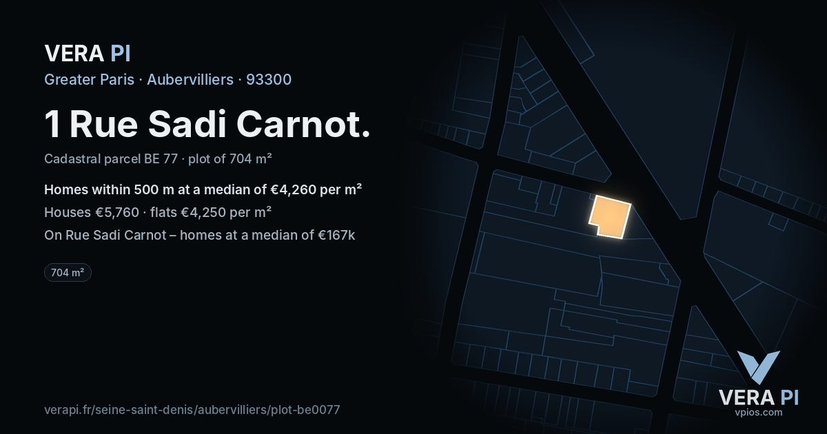 1 Rue Sadi Carnot, Aubervilliers at night – the plot lit, the parcels around coloured by the prices near them
