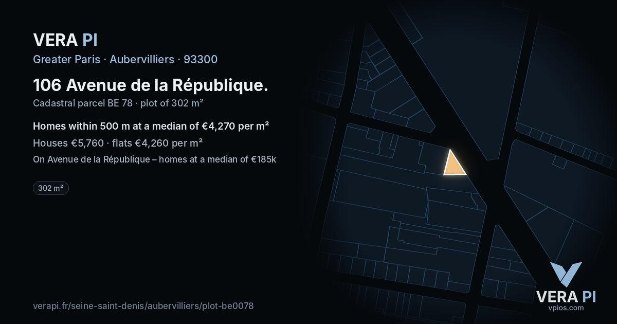 106 Avenue de la République, Aubervilliers at night – the plot lit, the parcels around coloured by the prices near them
