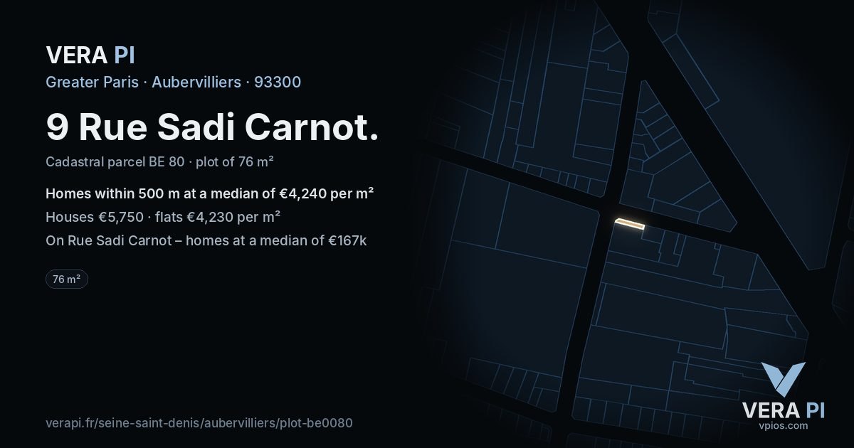 9 Rue Sadi Carnot, Aubervilliers at night – the plot lit, the parcels around coloured by the prices near them
