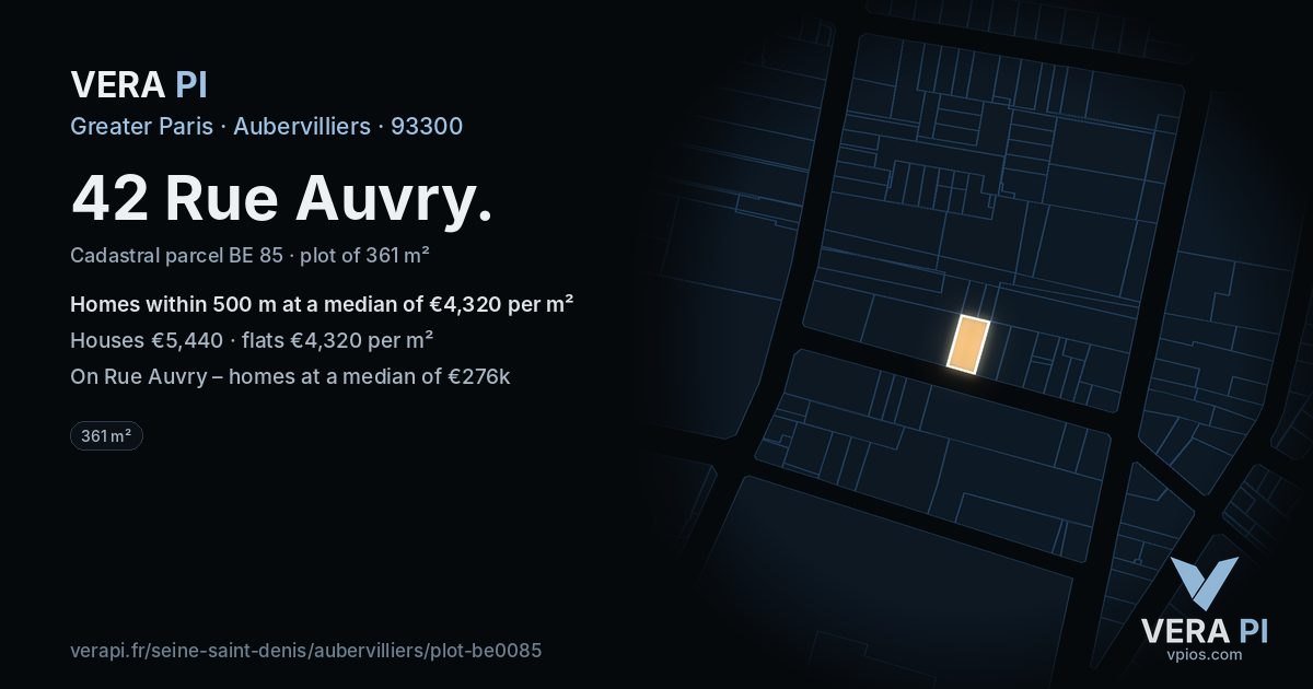 42 Rue Auvry, Aubervilliers at night – the plot lit, the parcels around coloured by the prices near them