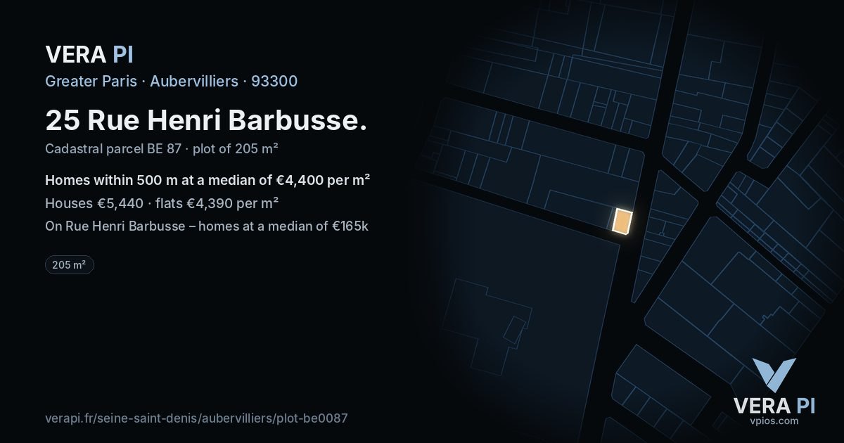 25 Rue Henri Barbusse, Aubervilliers at night – the plot lit, the parcels around coloured by the prices near them